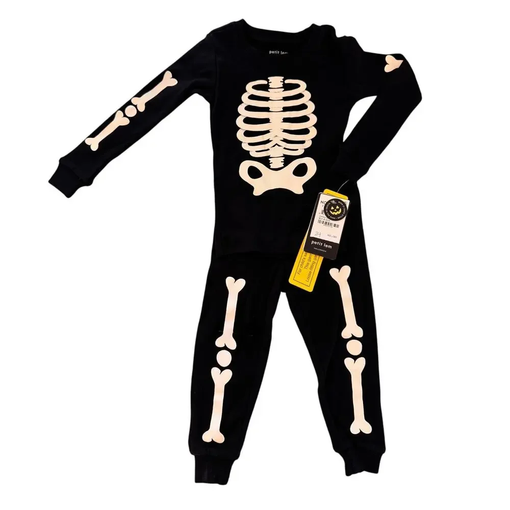 PETIT LEM Baby Black Halloween Skeleton Glow In Dark Print Two Piece Size 2
